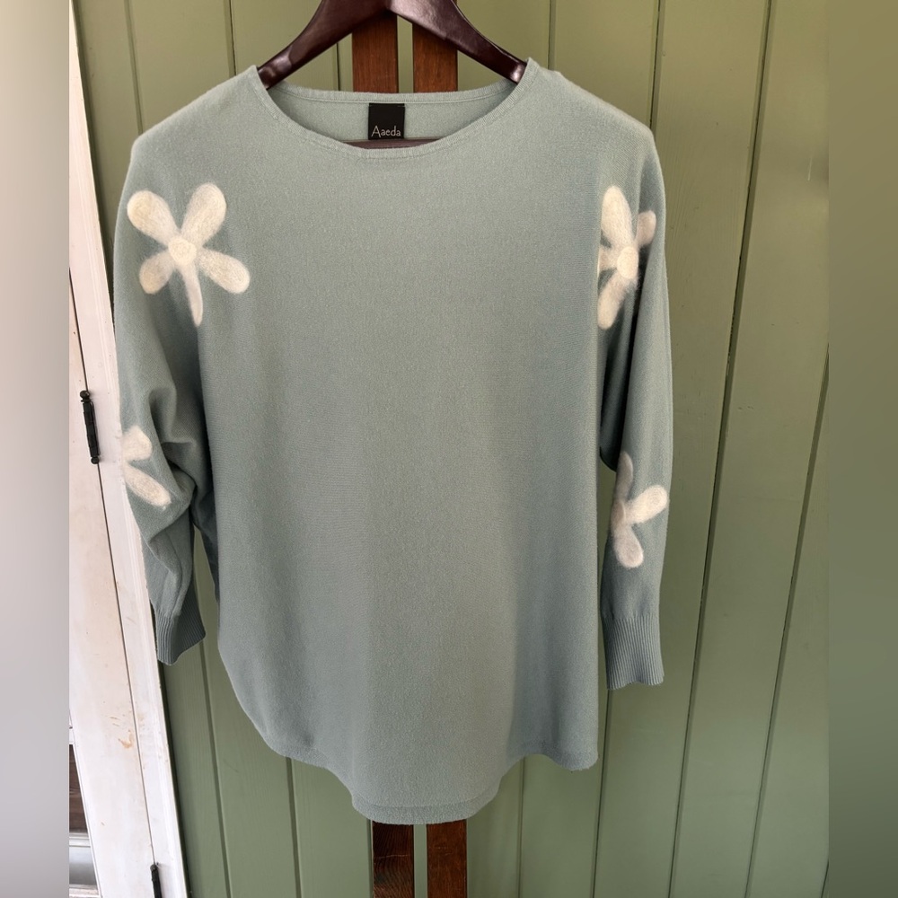 Aaeda Women's Mint Sweater with Cream Floral Design